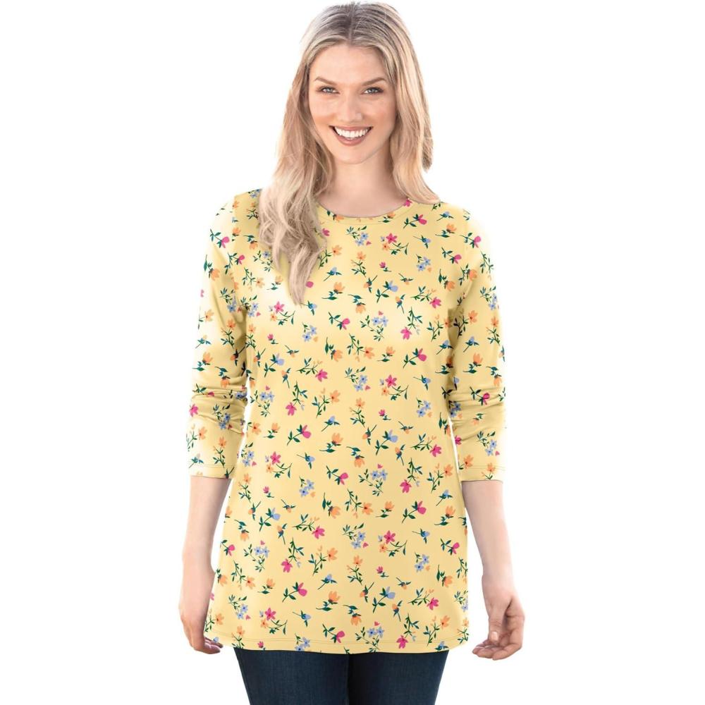 image:imageWoman Within Plus Size Perfect Printed LongSleeve Crewneck TeeBanana Tulip Flowers