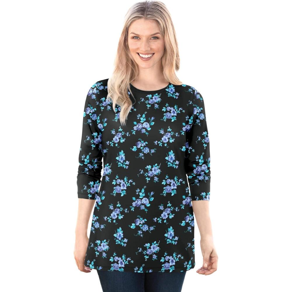image:imageWoman Within Plus Size Perfect Printed LongSleeve Crewneck TeeBlue Rose Ditsy Bouquet