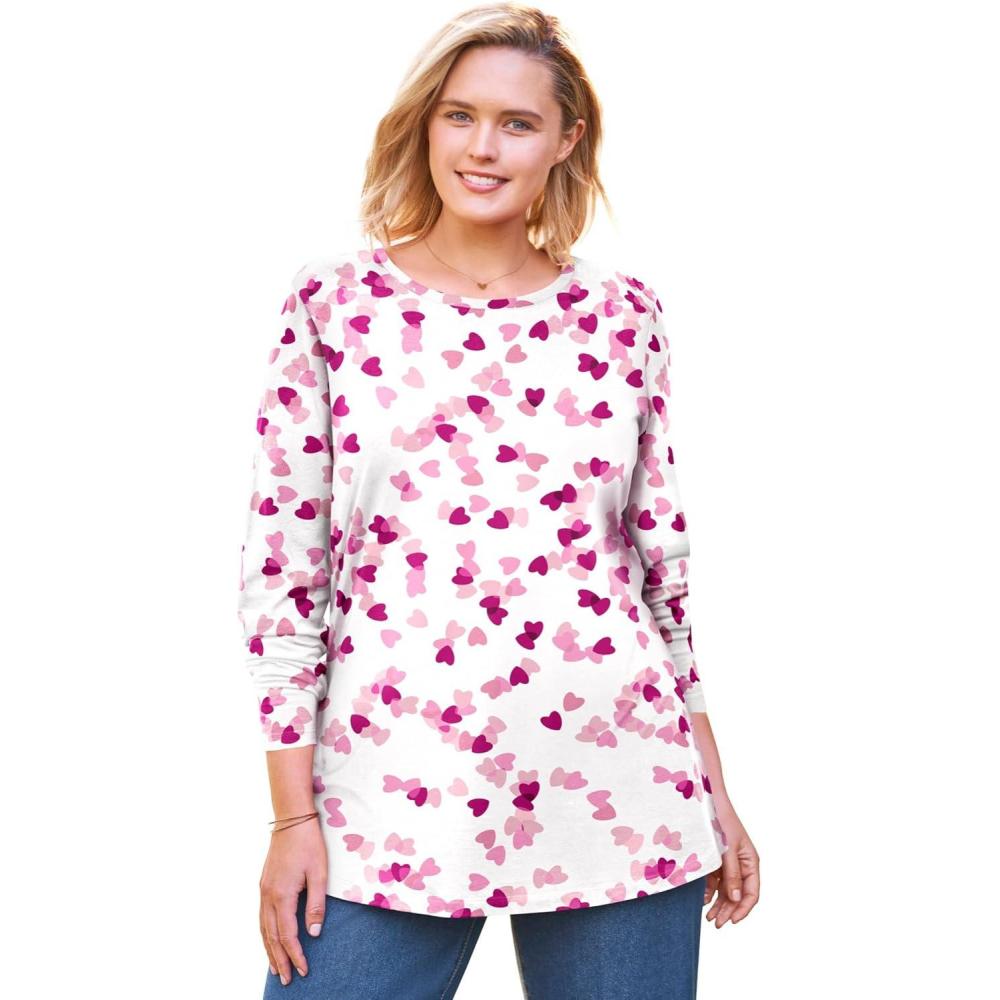 image:imageWoman Within Plus Size Perfect Printed LongSleeve Crewneck TeeBright Berry Confetti Heart