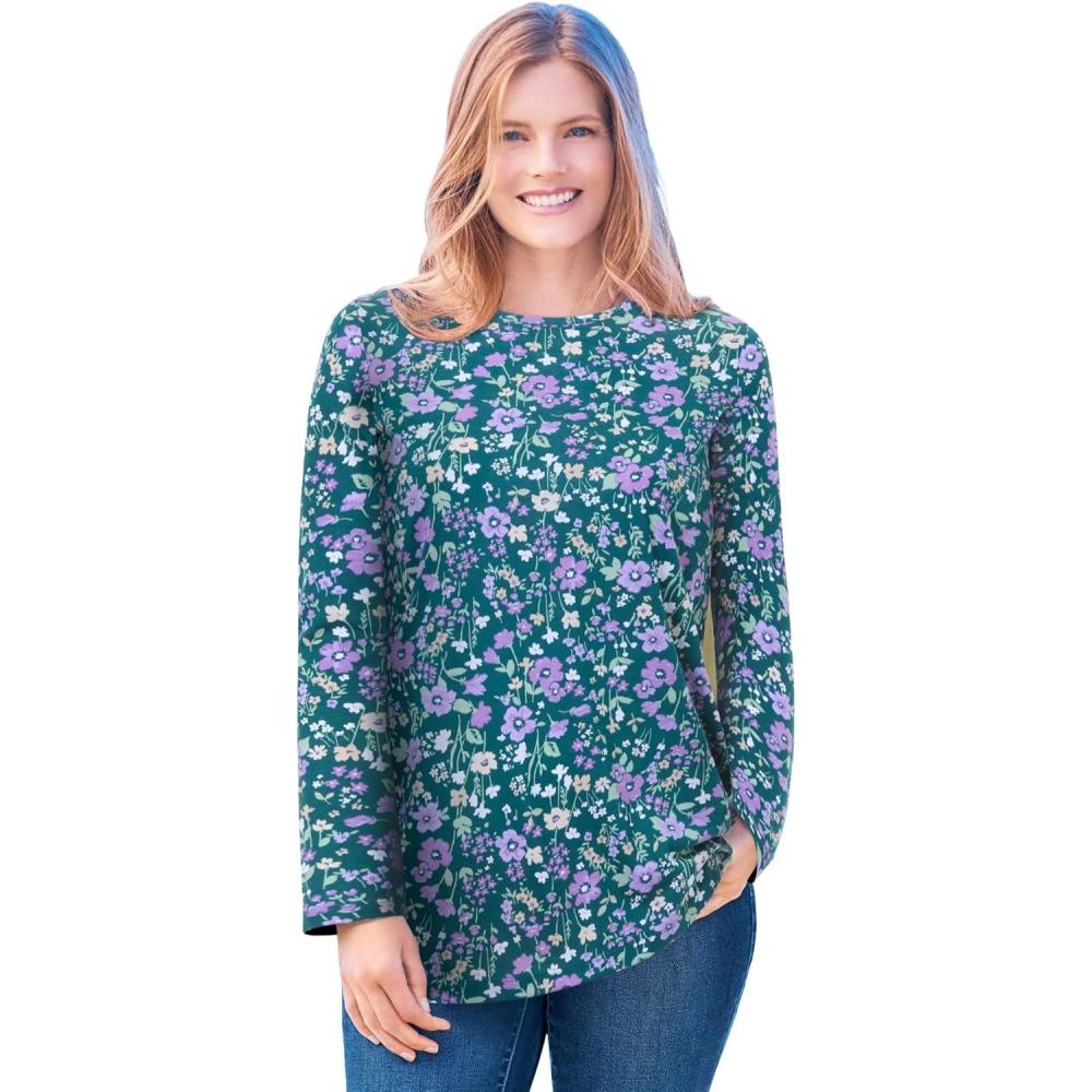 image:imageWoman Within Plus Size Perfect Printed LongSleeve Crewneck TeeEmerald Green Field Floral