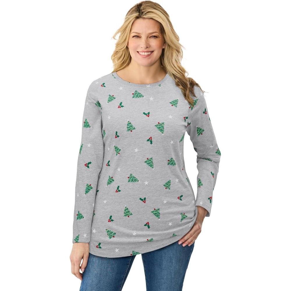 image:imageWoman Within Plus Size Perfect Printed LongSleeve Crewneck TeeHeather Grey Holiday