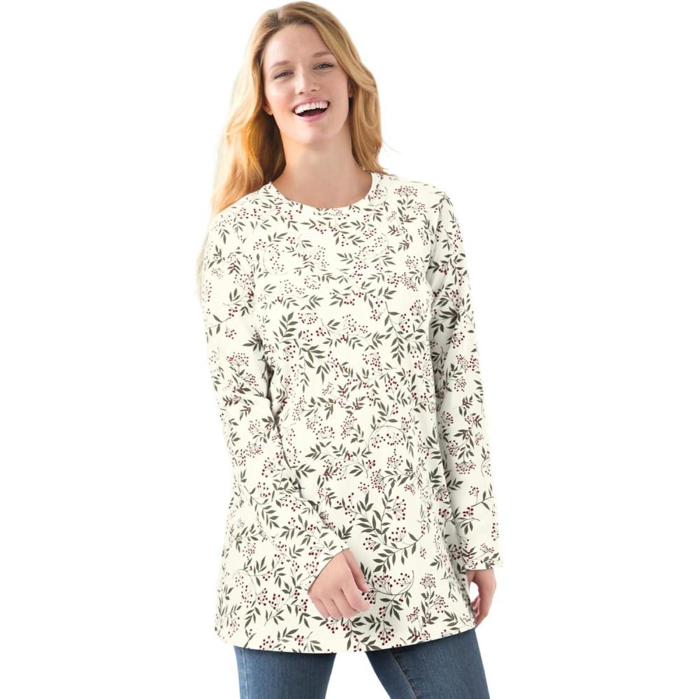 image:imageWoman Within Plus Size Perfect Printed LongSleeve Crewneck TeeIvory Leaf Print