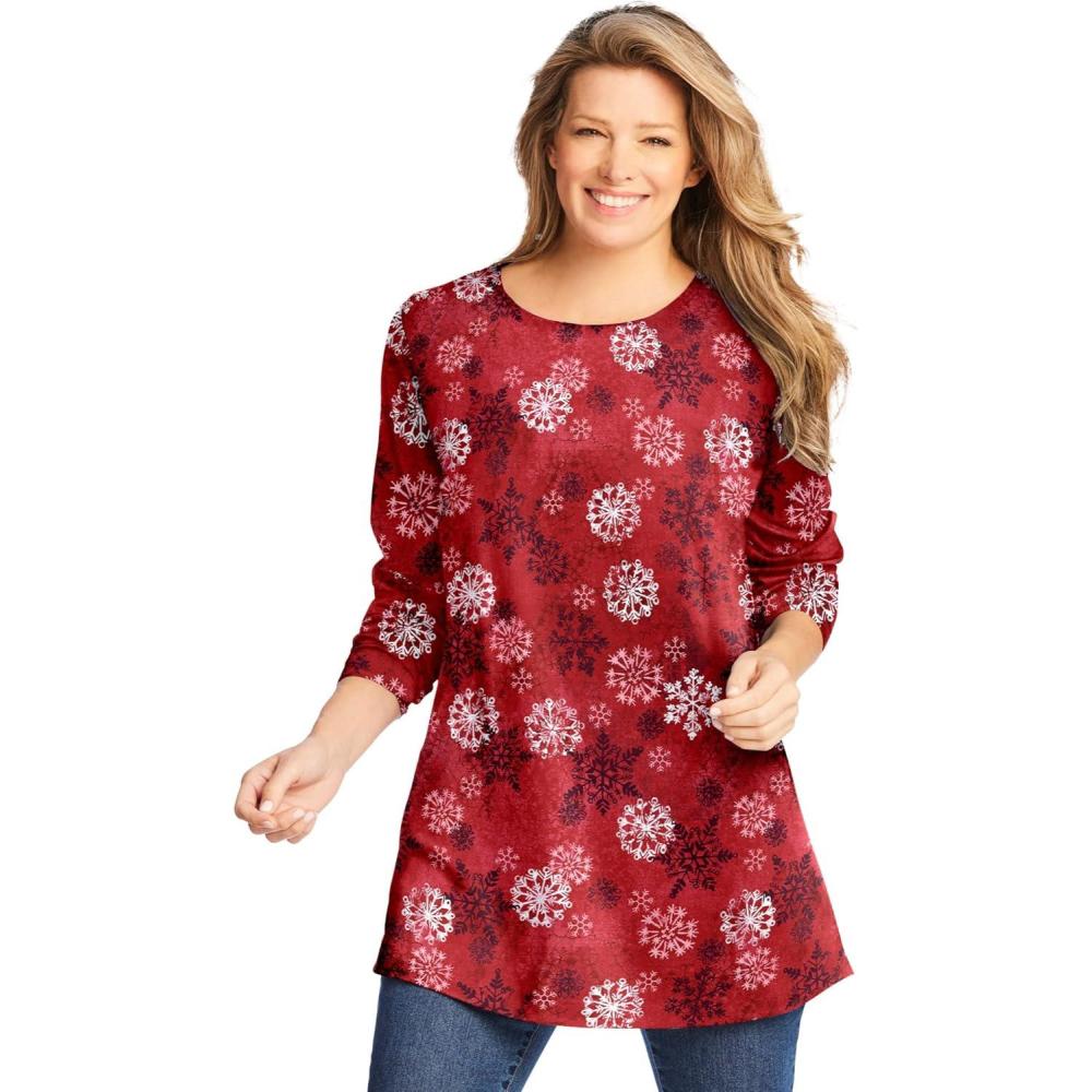 image:imageWoman Within Plus Size Perfect Printed LongSleeve Crewneck TunicClassic Red Textured Snowflake