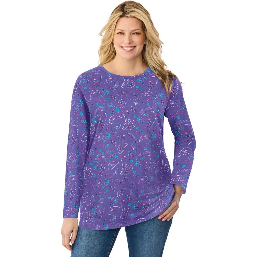 image:imageWoman Within Plus Size Perfect Printed LongSleeve Crewneck TunicPetal Purple Floral Paisley