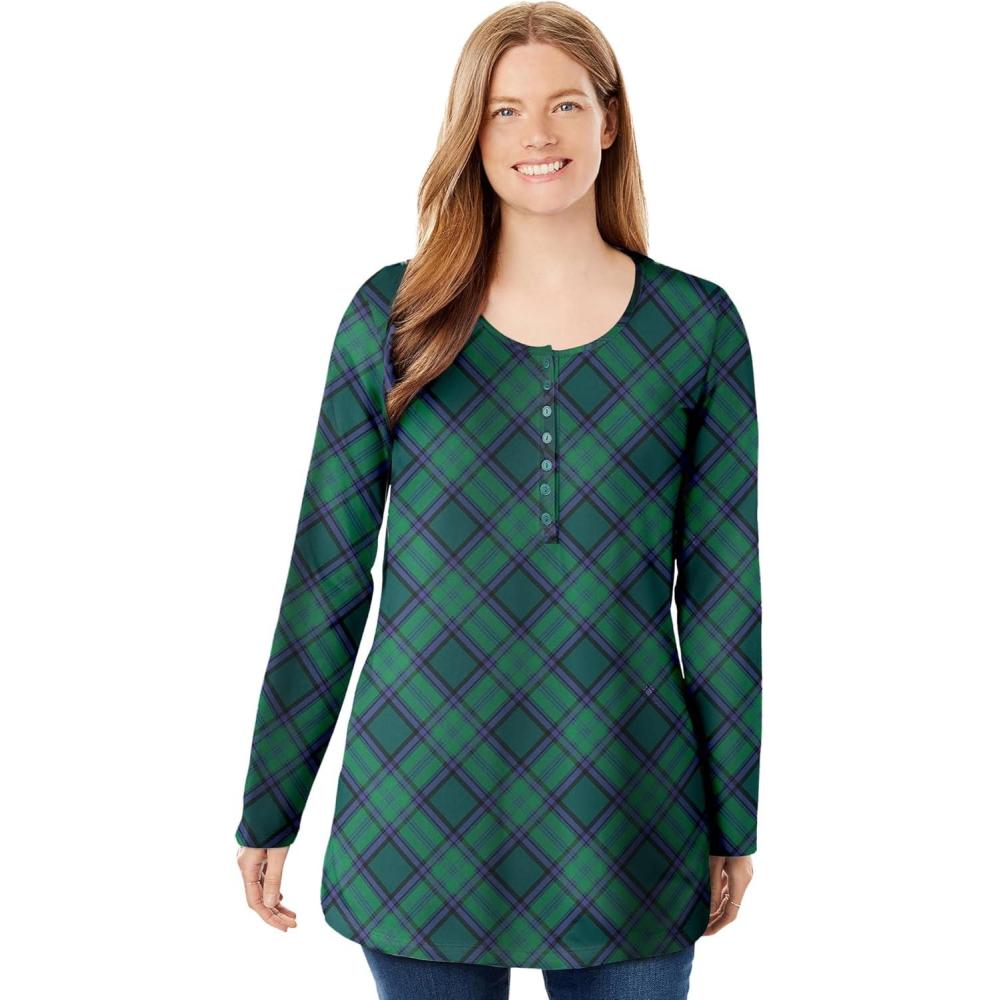 image:imageWoman Within Plus Size Perfect Printed LongSleeve Henley TeeEmerald Green Plaid