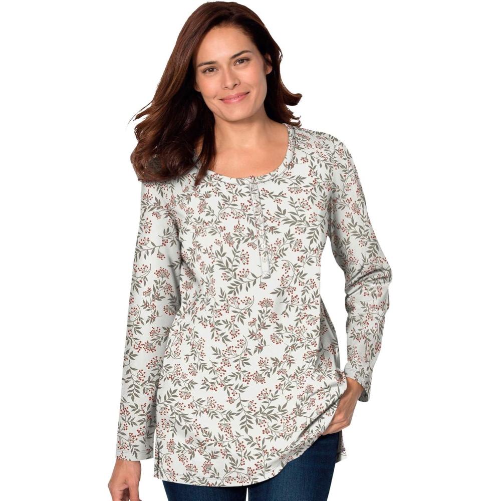 image:imageWoman Within Plus Size Perfect Printed LongSleeve Henley TeeIvory Leaf Print