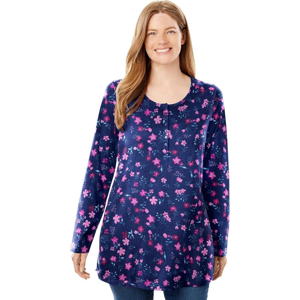 image:imageWoman Within Plus Size Perfect Printed LongSleeve Henley TeeNavy Pretty Floral