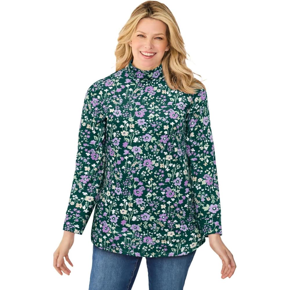 image:imageWoman Within Plus Size Perfect Printed LongSleeve Mockneck TeeEmerald Green Field Floral