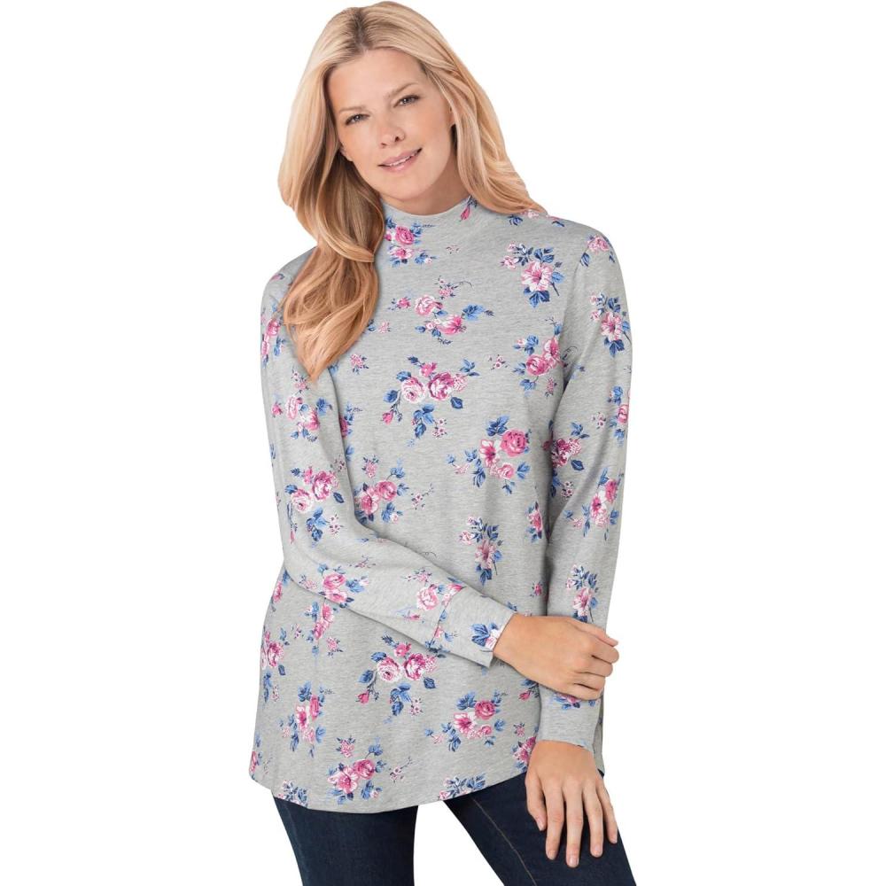 image:imageWoman Within Plus Size Perfect Printed LongSleeve Mockneck TeeHeather Grey Ditsy Bouquet