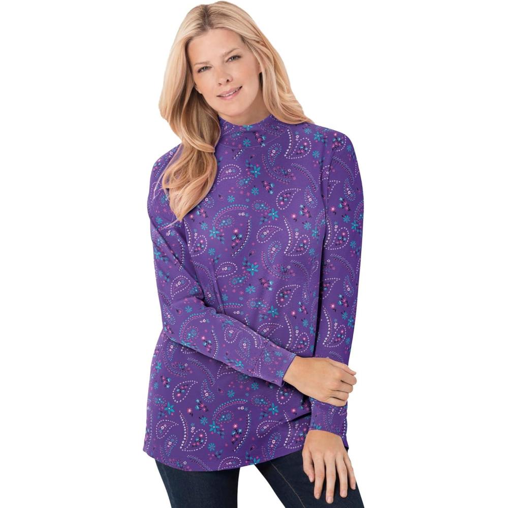 image:imageWoman Within Plus Size Perfect Printed LongSleeve Mockneck TeePetal Purple Floral Paisley