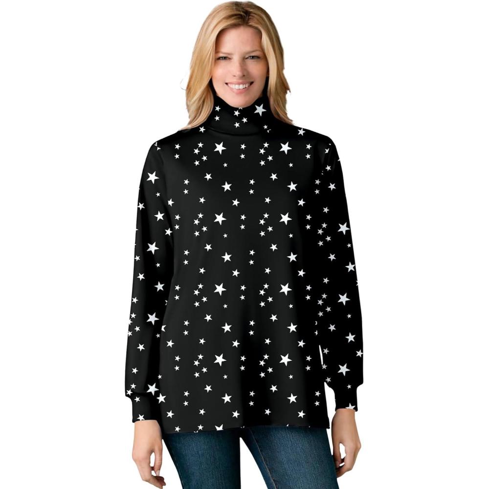 image:imageWoman Within Plus Size Perfect Printed LongSleeve Turtleneck TeeBlack White Stars