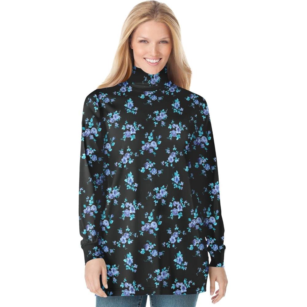 image:imageWoman Within Plus Size Perfect Printed LongSleeve Turtleneck TeeBlue Rose Ditsy Bouquet