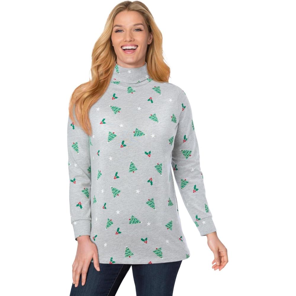 image:imageWoman Within Plus Size Perfect Printed LongSleeve Turtleneck TeeHeather Grey Holiday