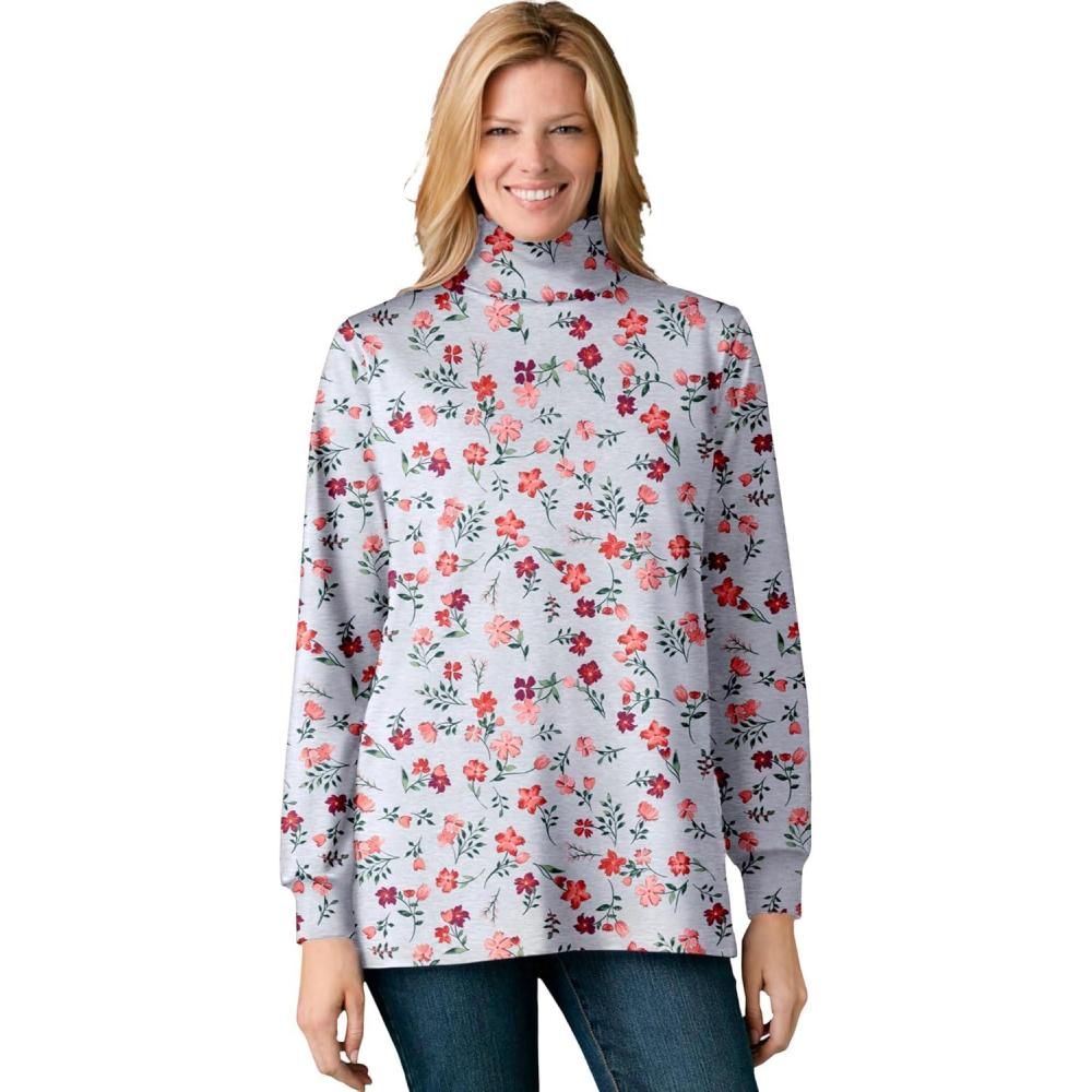 image:imageWoman Within Plus Size Perfect Printed LongSleeve Turtleneck TeeHeather Grey Red Pretty Floral