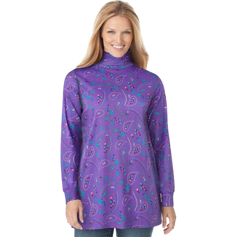 image:imageWoman Within Plus Size Perfect Printed LongSleeve Turtleneck TeePetal Purple Floral Paisley