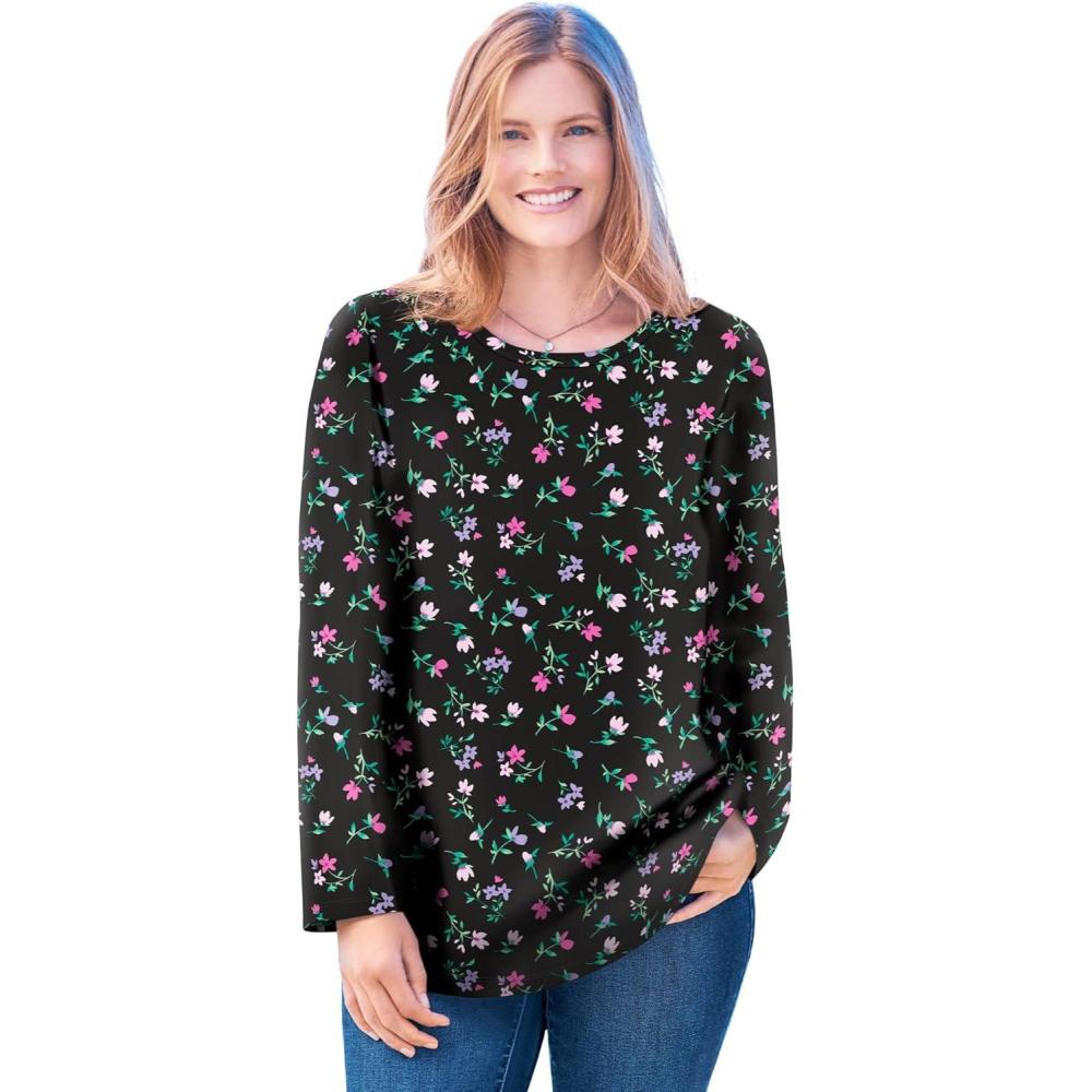image:imageWoman Within Plus Size Perfect Printed LongSleeve VNeck TeeBlack Multi Tulip Flowers