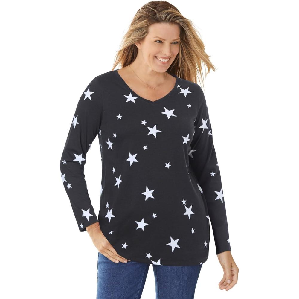 image:imageWoman Within Plus Size Perfect Printed LongSleeve VNeck TeeBlack White Stars
