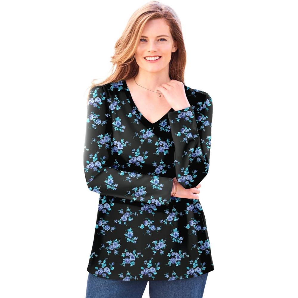 image:imageWoman Within Plus Size Perfect Printed LongSleeve VNeck TeeBlue Rose Ditsy Bouquet