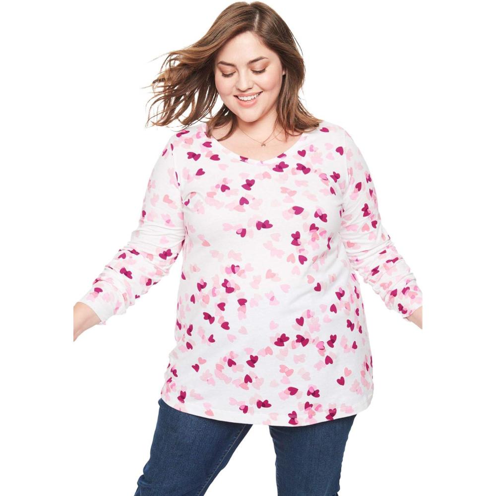 image:imageWoman Within Plus Size Perfect Printed LongSleeve VNeck TeeBright Berry Confetti Heart