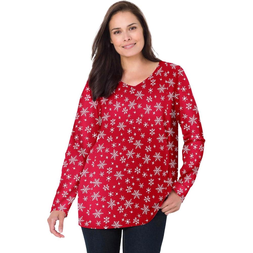 image:imageWoman Within Plus Size Perfect Printed LongSleeve VNeck TeeClassic Red Snowflakes