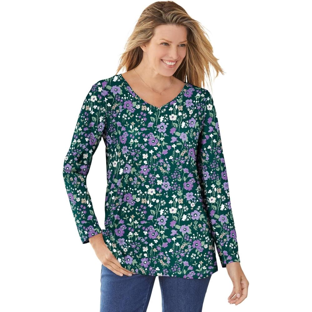 image:imageWoman Within Plus Size Perfect Printed LongSleeve VNeck TeeEmerald Green Field Floral
