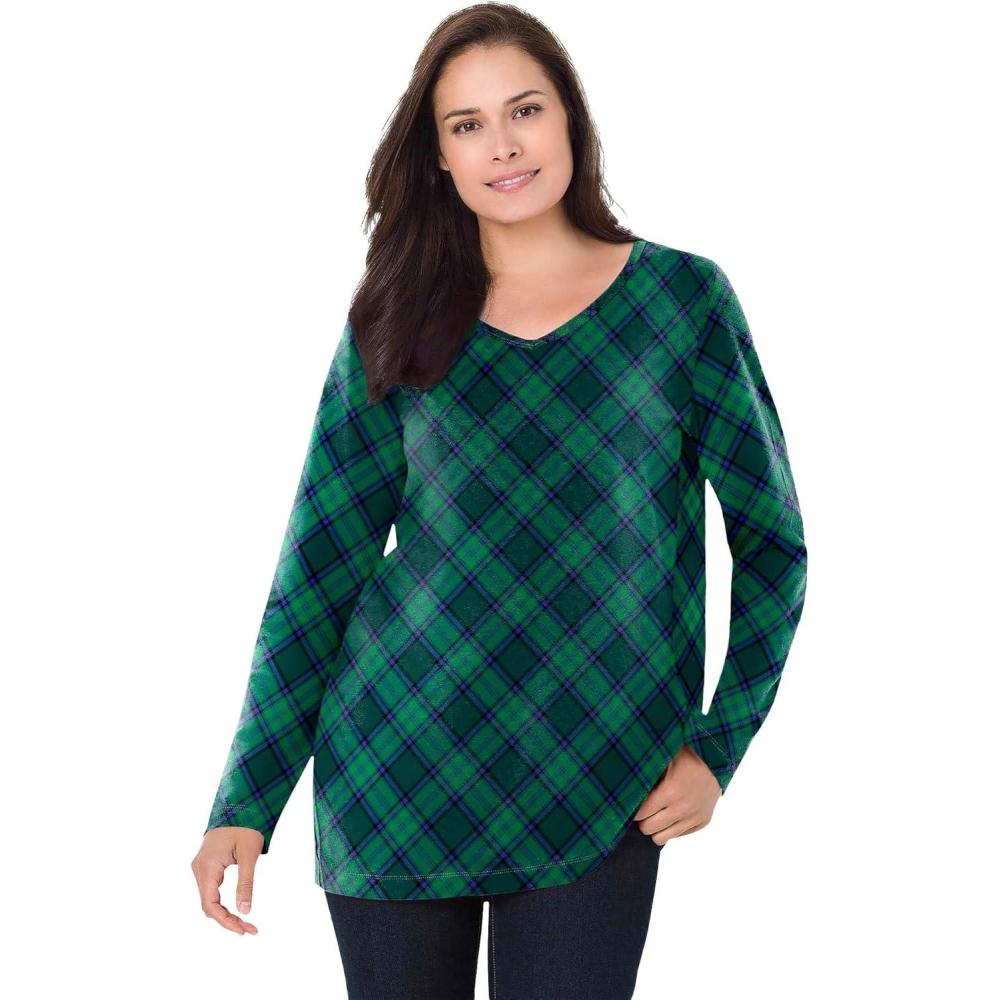 image:imageWoman Within Plus Size Perfect Printed LongSleeve VNeck TeeEmerald Green Plaid