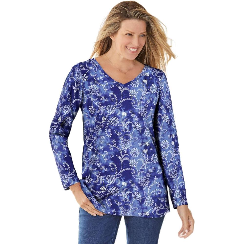 image:imageWoman Within Plus Size Perfect Printed LongSleeve VNeck TeeNavy Floral Tie Dye