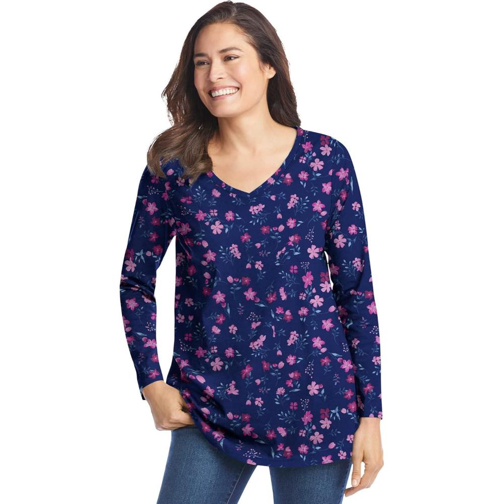image:imageWoman Within Plus Size Perfect Printed LongSleeve VNeck TeeNavy Pretty Floral