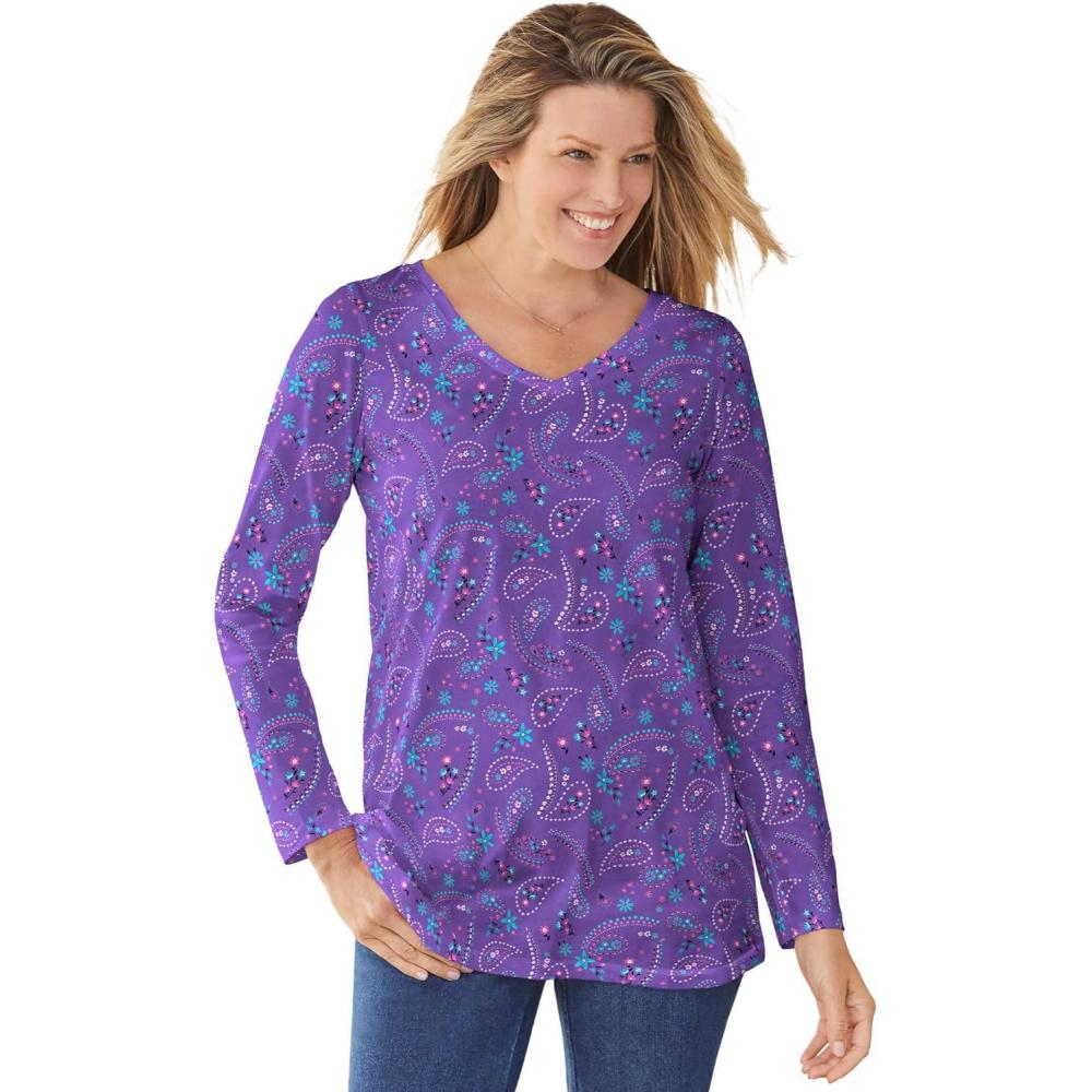 image:imageWoman Within Plus Size Perfect Printed LongSleeve VNeck TeePetal Purple Floral Paisley
