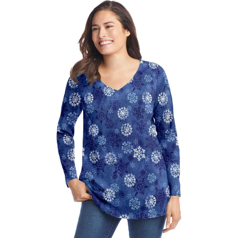 image:imageWoman Within Plus Size Perfect Printed LongSleeve VNeck TeeRoyal Navy Textured Snowflake