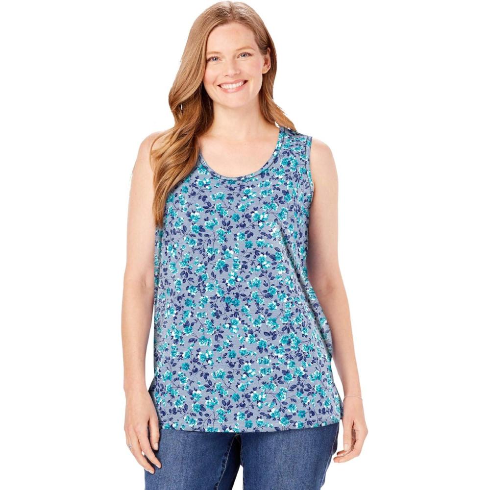 image:imageWoman Within Plus Size Perfect Printed Scoopneck TankHeather Grey Azure Blossom Vine