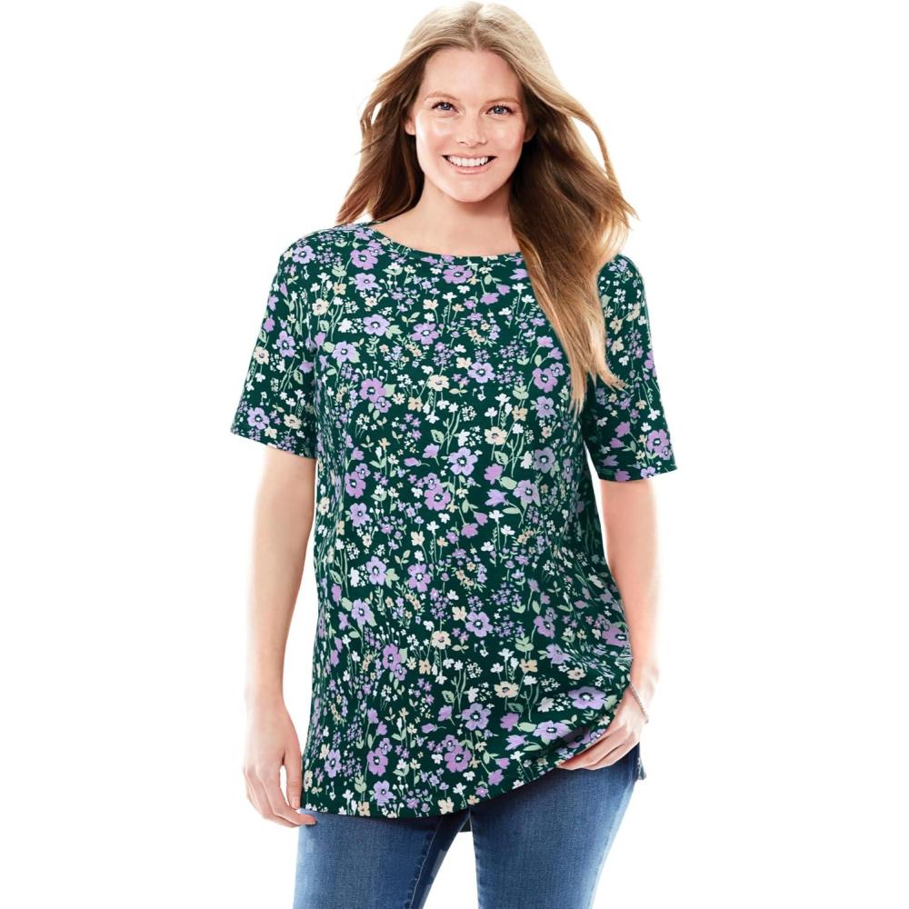 image:imageWoman Within Plus Size Perfect Printed ShortSleeve Boatneck TunicEmerald Green Field Floral