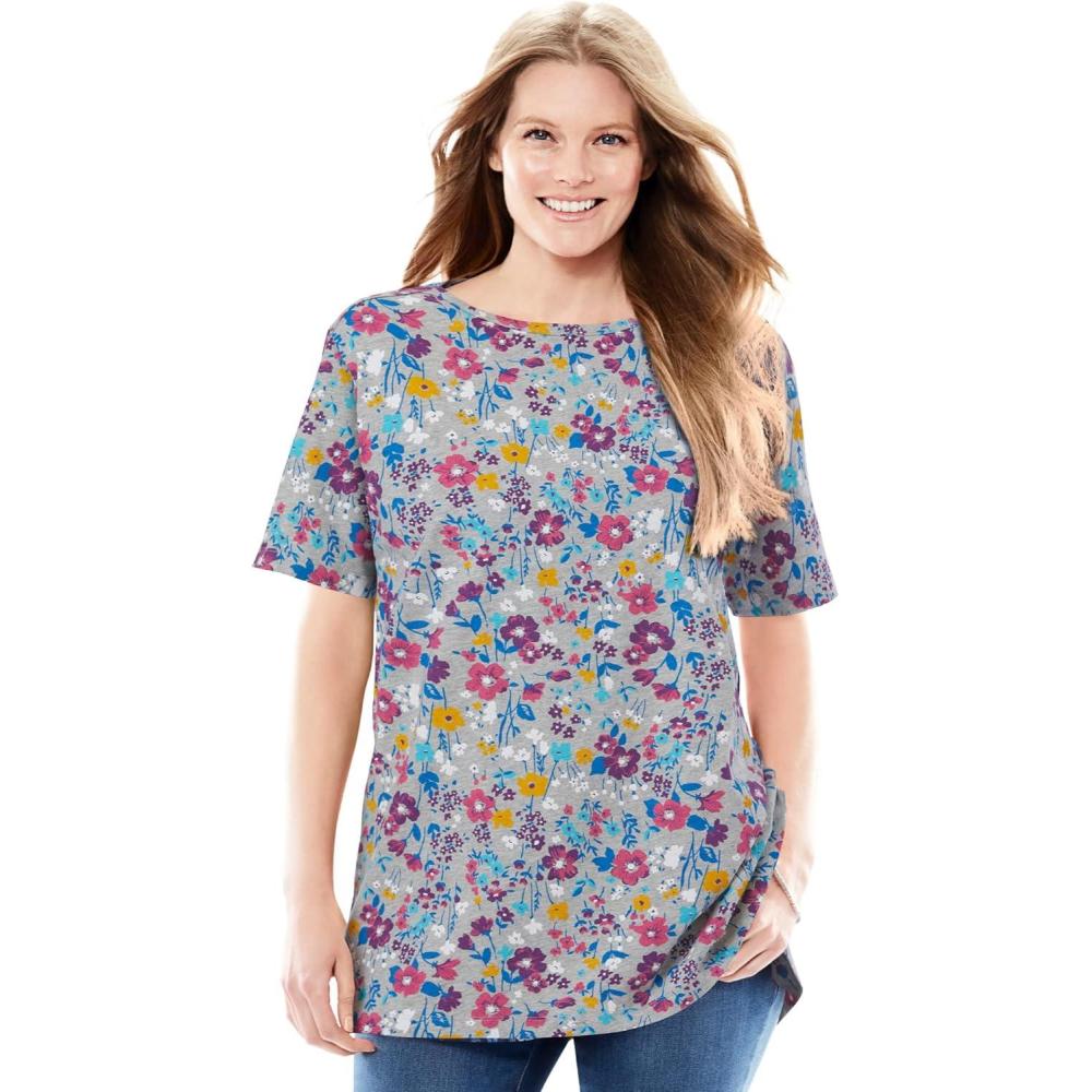 image:imageWoman Within Plus Size Perfect Printed ShortSleeve Boatneck TunicHeather Grey Field Floral