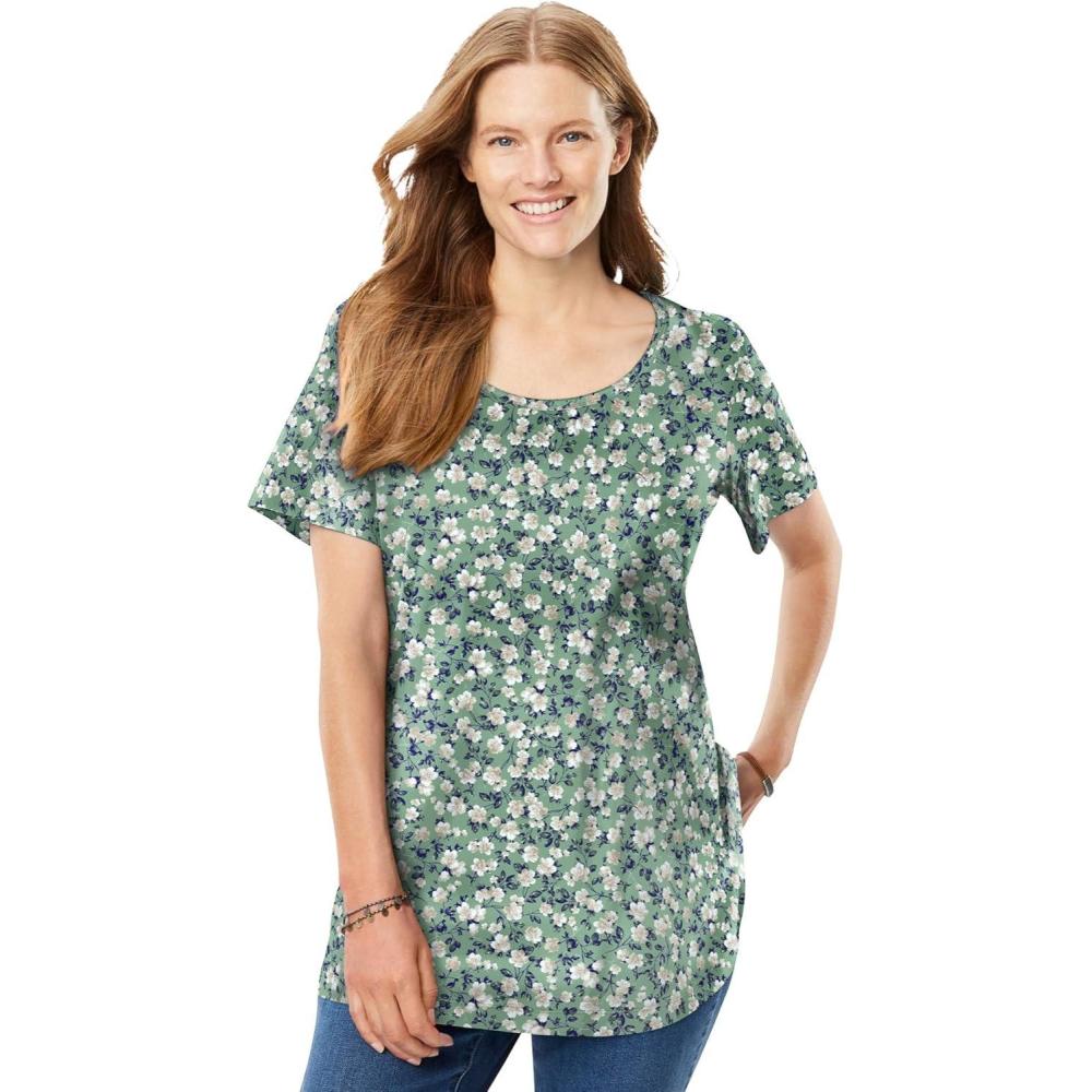 image:imageWoman Within Plus Size Perfect Printed ShortSleeve Scoopneck TeeSage Blossom Vine