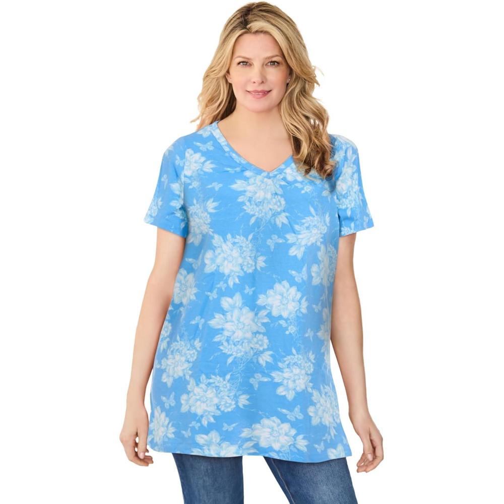 image:imageWoman Within Plus Size Perfect Printed ShortSleeve Shirred VNeck TunicAzure Butterfly Bloom