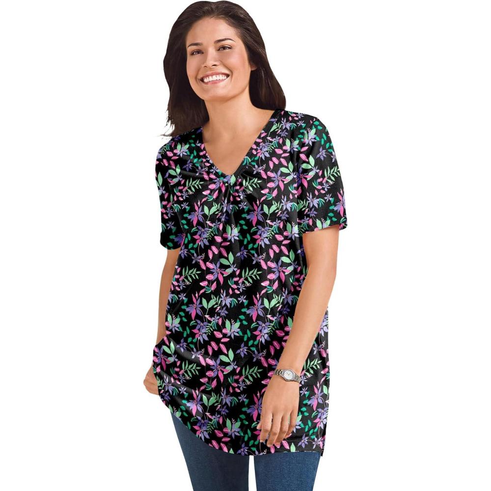 image:imageWoman Within Plus Size Perfect Printed ShortSleeve Shirred VNeck TunicBlack Multi Floral