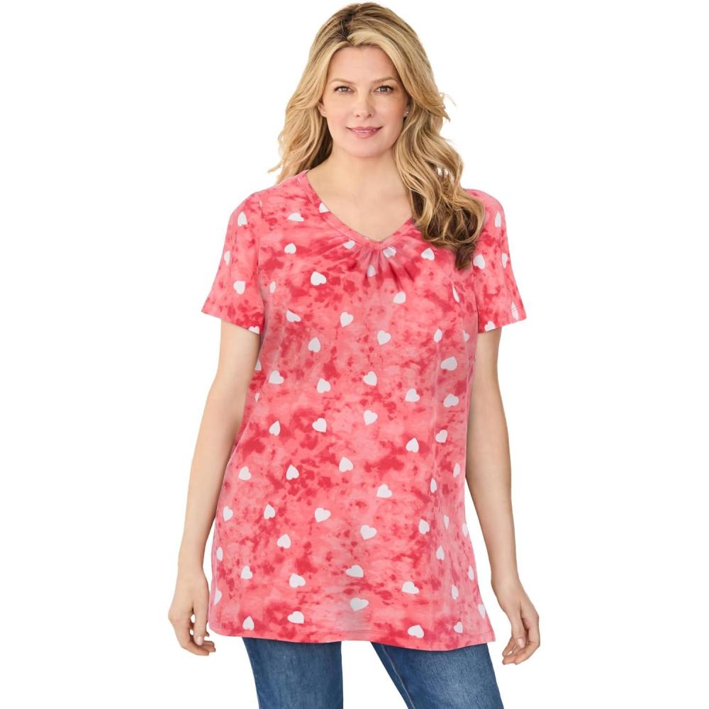image:imageWoman Within Plus Size Perfect Printed ShortSleeve Shirred VNeck TunicGeranium Tie Dye Hearts