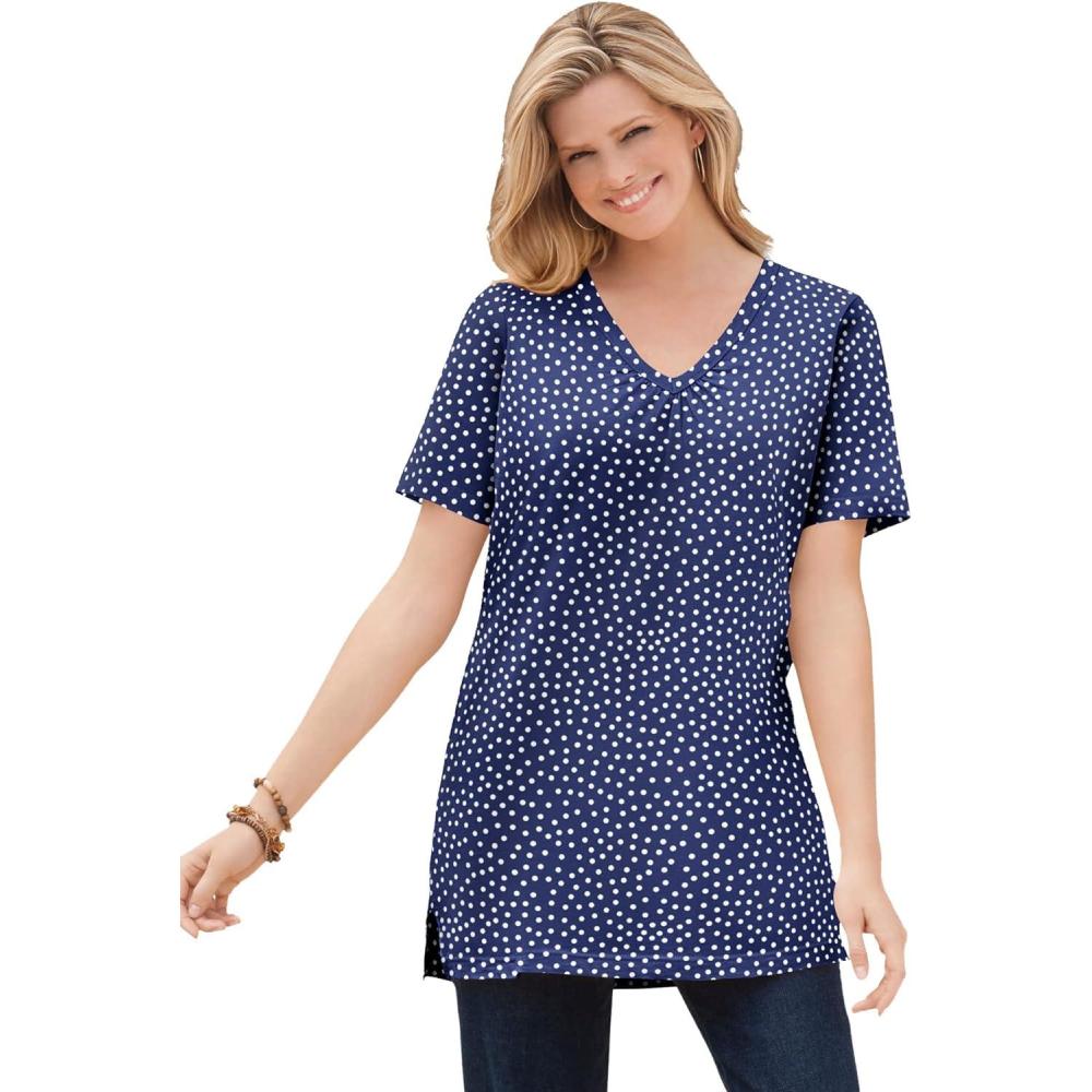 image:imageWoman Within Plus Size Perfect Printed ShortSleeve Shirred VNeck TunicNavy Offset Dot