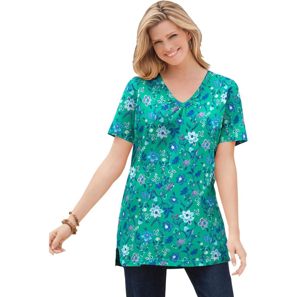image:imageWoman Within Plus Size Perfect Printed ShortSleeve Shirred VNeck TunicPretty Jade Jacquard Floral