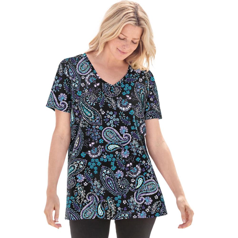 image:imageWoman Within Plus Size Perfect Printed ShortSleeve VNeck TeeBlack Paisley