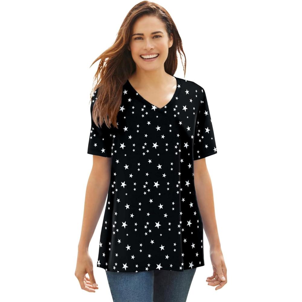 image:imageWoman Within Plus Size Perfect Printed ShortSleeve VNeck TeeBlack White Stars