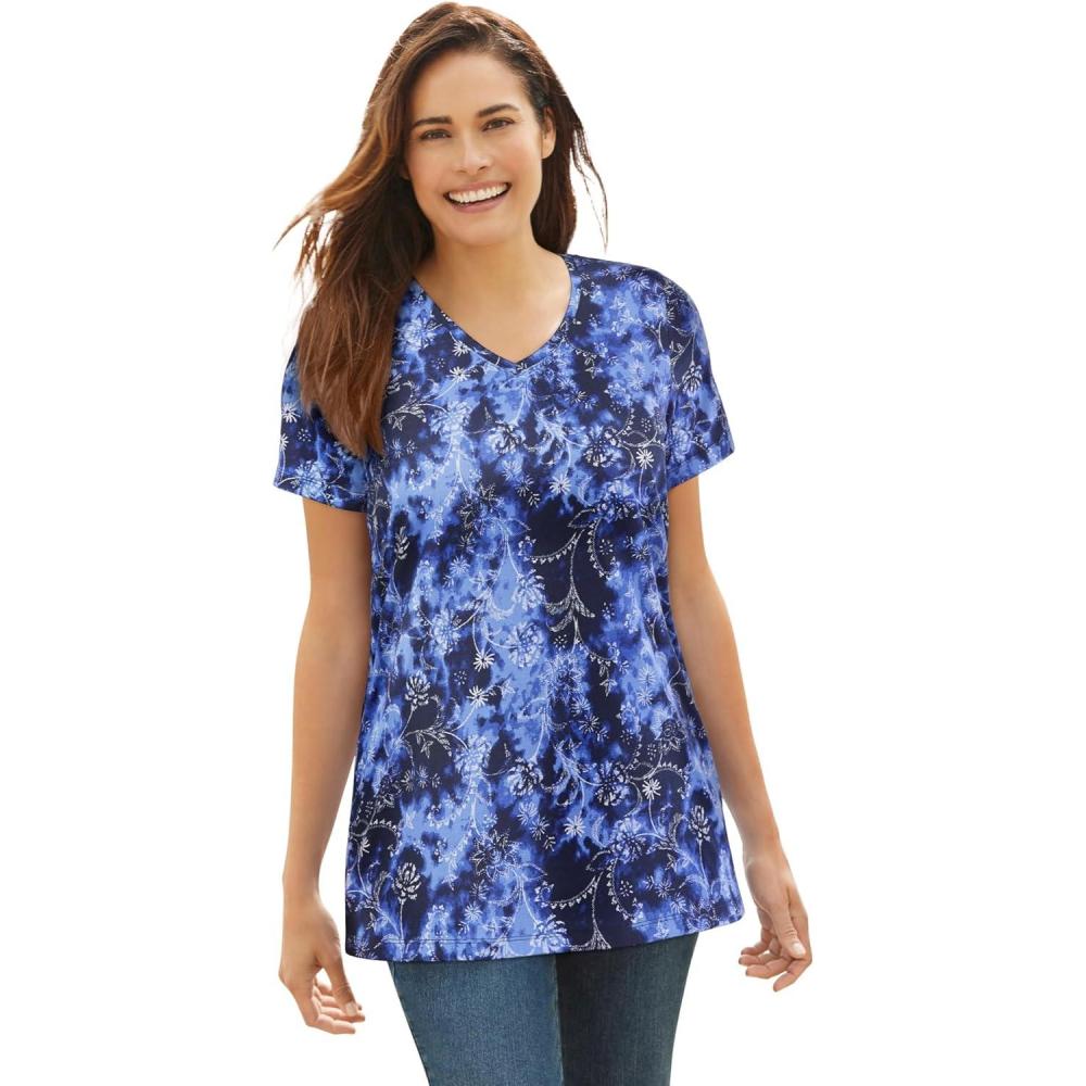image:imageWoman Within Plus Size Perfect Printed ShortSleeve VNeck TeeNavy Floral Tie Dye