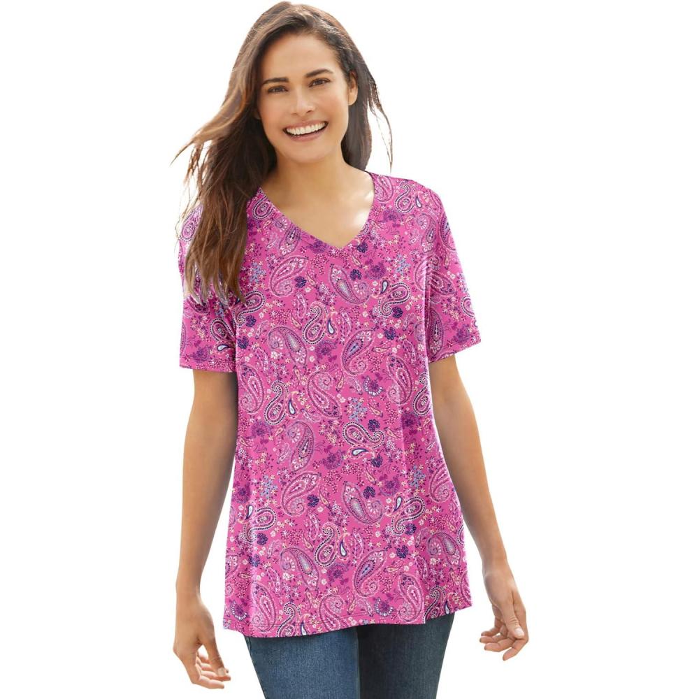 image:imageWoman Within Plus Size Perfect Printed ShortSleeve VNeck TeePeony Petal Paisley