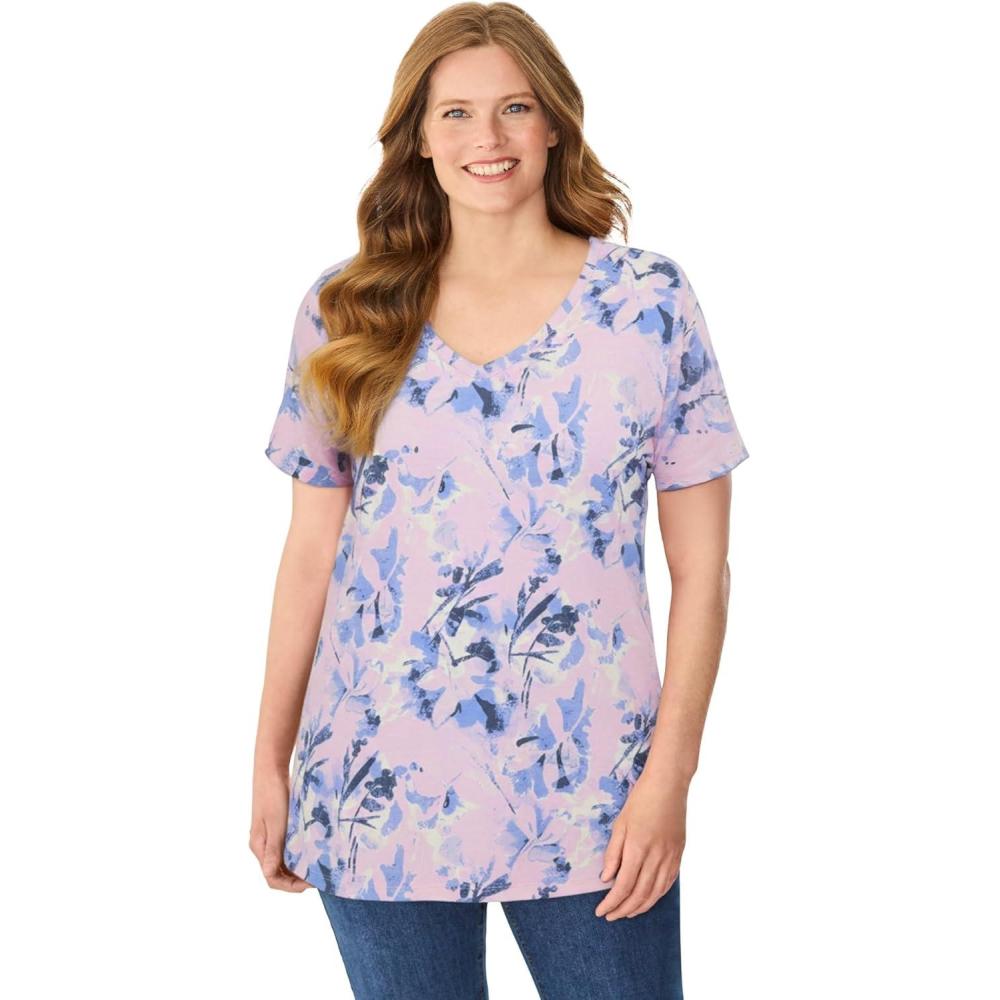 image:imageWoman Within Plus Size Perfect Printed ShortSleeve VNeck TeePink Stamp Botanical