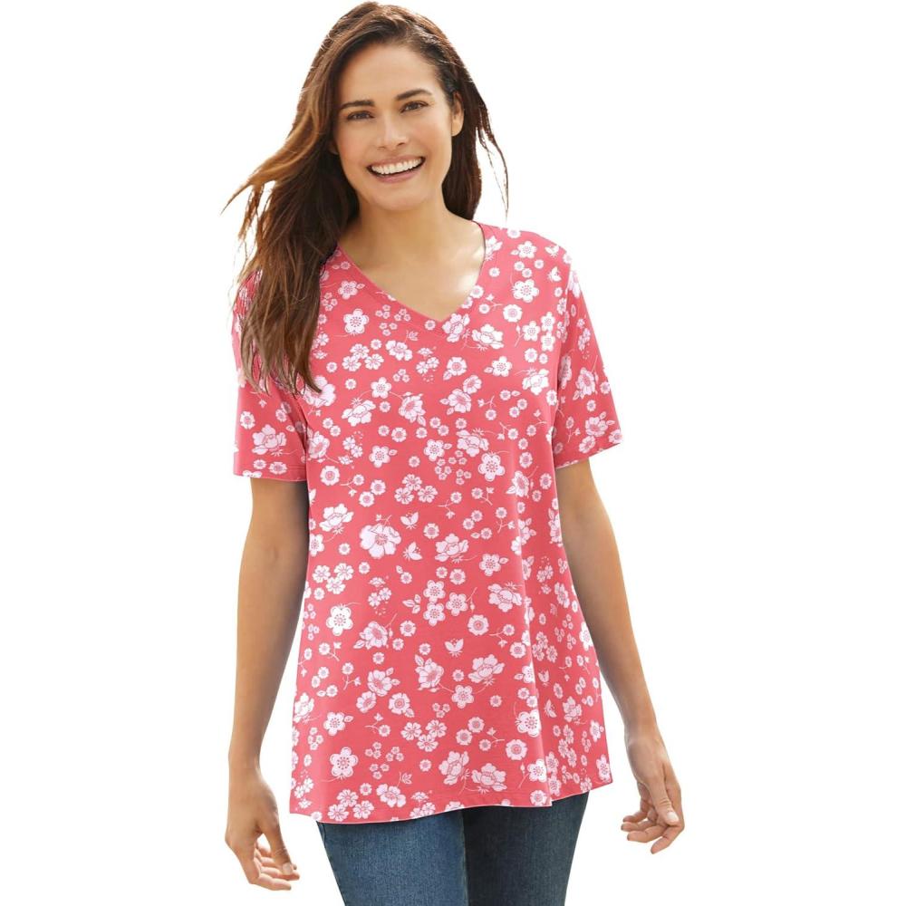 image:imageWoman Within Plus Size Perfect Printed ShortSleeve VNeck TeeSweet Coral Butterfly Ditsy
