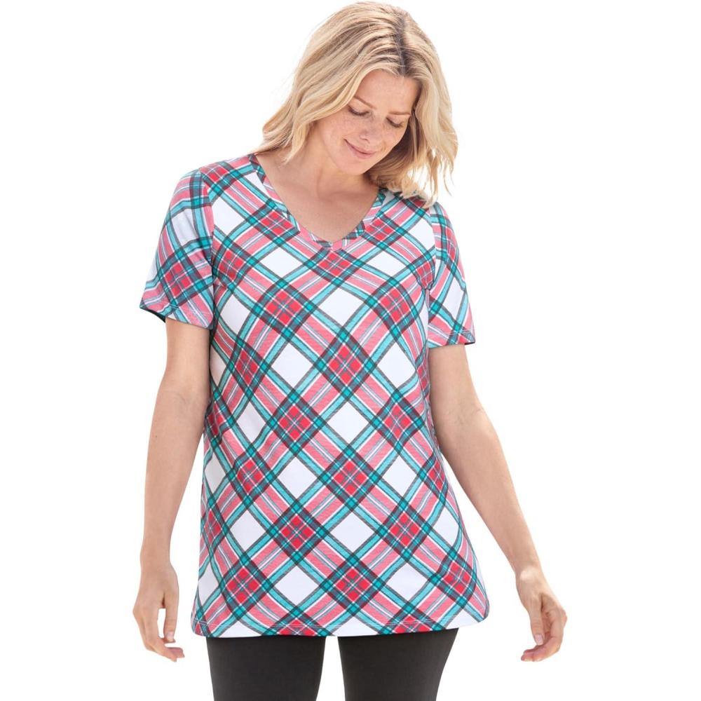 image:imageWoman Within Plus Size Perfect Printed ShortSleeve VNeck TeeWhite Red Plaid