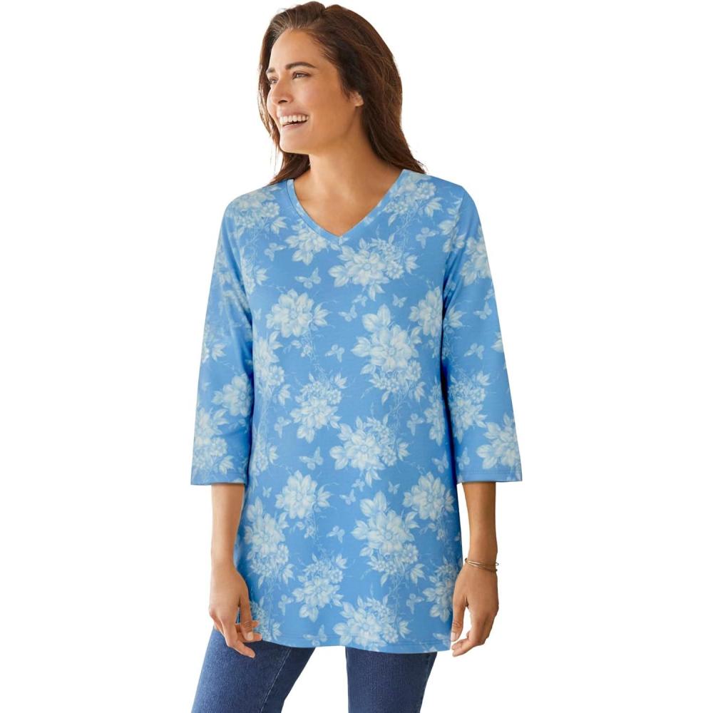 image:imageWoman Within Plus Size Perfect Printed ThreeQuarterSleeve VNeck TunicAzure Butterfly Bloom