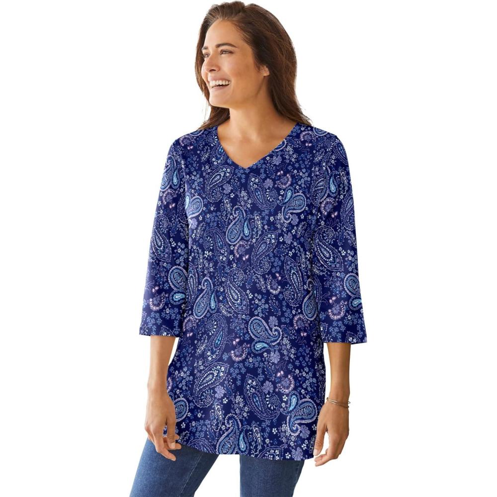 image:imageWoman Within Plus Size Perfect Printed ThreeQuarterSleeve VNeck TunicEvening Blue Paisley