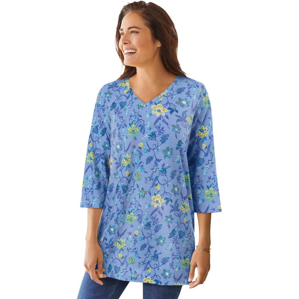 image:imageWoman Within Plus Size Perfect Printed ThreeQuarterSleeve VNeck TunicFrench Blue Jacquard Floral