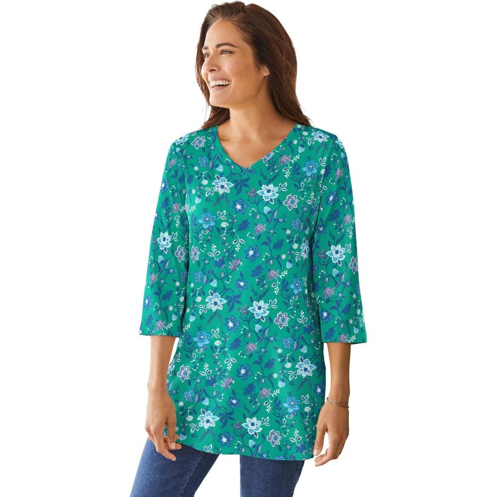 image:imageWoman Within Plus Size Perfect Printed ThreeQuarterSleeve VNeck TunicPretty Jade Jacquard Floral